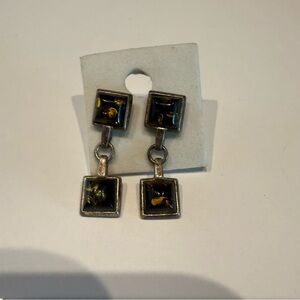 Elegant Olive Green stone and silver Dangle Earrings